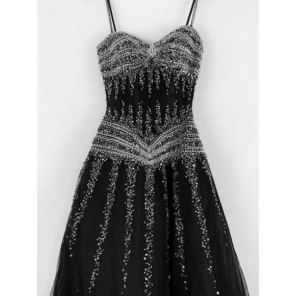 Bella Dresses Bella Black Silver Beaded Tulle Evening Wedding Long